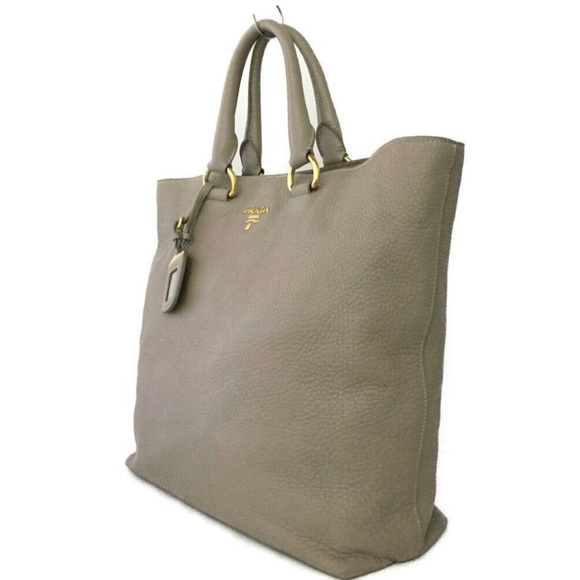 Prada Shoulder Bag Logo Plate Beige Leather 2way - Picture 2 of 7